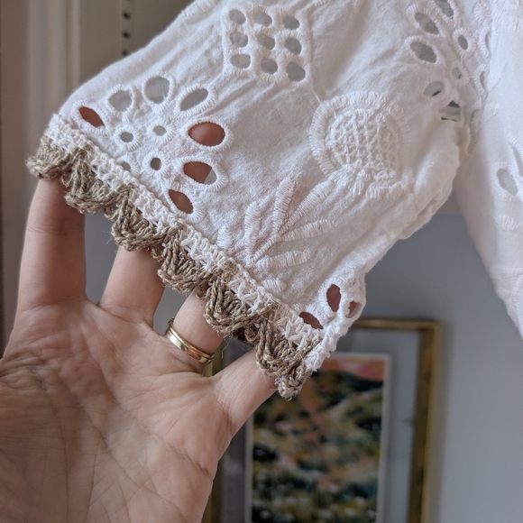 White Eyelet Dress Short Sleeve V-Neck Tea Length Sz Small Bohemian Cottagecore - Picture 3 of 13